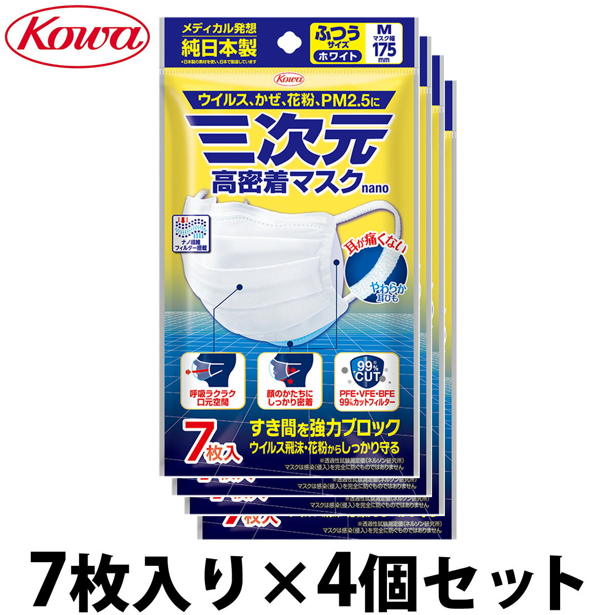 三次元マスク 三次元 高密着 ナノ ふつう Mサイズ 7枚入り×4個セット サージカルマスク 不織布 興和 日本製 耳が痛く…