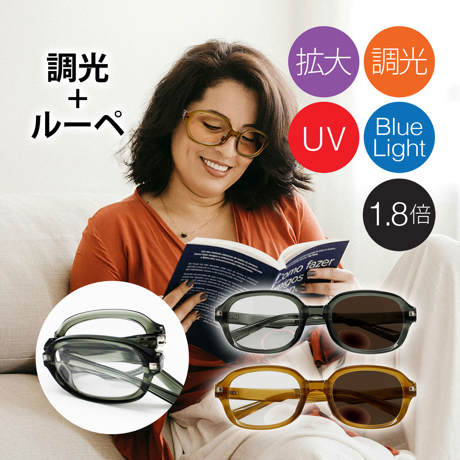 メガネ型ルーペ 1.8倍 折りたたみ 携帯 調光バイフォーカルサングラス カルモスパイド スクエア型 眼鏡 拡大鏡 ブルーライトカット クリスマスプレゼント クリスマス