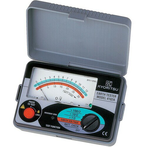 4560187060427｜3375773 [MODEL4102A] 1個販売商品画像については実際の製品と異なる場合がございます。あくまでも商品のスペックをご確認の上ご注文をお願いいたします。※この商品は受注発注の商品です。その為メーカーに在庫がない場合がございます。その場合は大変申し訳ございませんがキャンセルとさせて頂きます。予めご了承下さい。3375773特長簡易測定（2極法）に対応したアナログアーステスタです。A〜D種（3極法）の測定も可能です。用途接地抵抗の測定に。仕様接地抵抗(Ω)：12/120/1200地電圧(V)：30ケース：ソフト連続使用時間(h)：47時間電源(V)：単3乾電池(R6P)×6本(付属)奥行(mm)：70幅(mm)：158高さ(mm)：105質量600.000G原産国タイJANコード4560187060427「ルーペスタジオ」では、拡大鏡(虫眼鏡/ルーペ)、双眼鏡、単眼鏡、望遠鏡などのレンズ製品を主に取り扱っております。工具製品は常には在庫しておらずお取りよせとなります。ご了承下さい。抵抗計 絶縁・接地抵抗計KYORITSU 4102A 関連商品へ