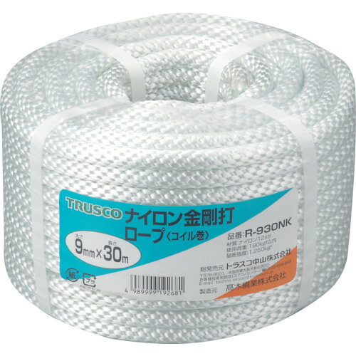 4989999192681｜511-2800 [R930NK] 1巻販売 商品画像については実際の製品と異なる場合がございます。あくまでも商品のスペックをご確認の上ご注文をお願いいたします。※この商品は受注発注の商品です。その為メーカーに在庫がない場合がございます。その場合は大変申し訳ございませんがキャンセルとさせて頂きます。予めご了承下さい。511-2800特長合繊ロープの中で最も強度があり、摩擦にも強いです。耐熱性にも優れています。強度は3つ打に比べ40%程度低下しますが、しなやかで手ざわりが良く、キンク（ねじれ）しにくい扱いやすいロープです。用途保温用シートなどの押さえ用。草刈り機などのエンジン始動用など。仕様色：白線径(mm)：9長さ(m)：30包装形態：バンド掛巻仕様2金剛打材質_仕上ナイロン質量1.470KG注意切断後の断面はライターの火などで軽くあぶり、ほつれを保護してください。原産国日本JANコード4989999192681「ルーペスタジオ」では、拡大鏡(虫眼鏡/ルーペ)、双眼鏡、単眼鏡、望遠鏡などのレンズ製品を主に取り扱っております。工具製品は常には在庫しておらずお取りよせとなります。ご了承下さい。ロープ ロープ（ナイロン）TRUSCO ナイロンロープ 関連商品へ