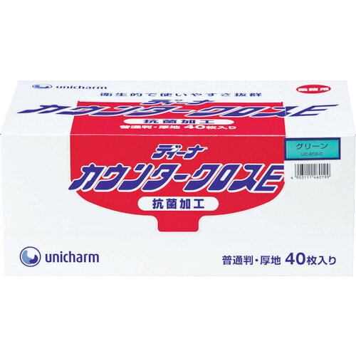 4903111460199｜760-4335 [46019] 1箱販売 商品画像については実際の製品と異なる場合がございます。あくまでも商品のスペックをご確認の上ご注文をお願いいたします。※この商品は受注発注の商品です。その為メーカーに在庫がない場合がございます。その場合は大変申し訳ございませんがキャンセルとさせて頂きます。予めご了承下さい。760-4335特長用途別の使い分けで、交差汚染の防止に役立ちます。タオルのようなボリューム感で、使い心地も最高です。吸収性が高く、水や油、汚れを拭き取れます。タオルに比べて乾燥時間が極めて短く、細菌の繁殖を抑制します。用途ふきん。ドリップ吸収。食器拭き。水切り。調理・加工時の水分・油分の吸収。仕様色：グリーンシートサイズ(mm)：320×610仕様2食品衛生法適合（ポジティブリスト適合）材質_仕上レーヨン、ポリエステル、アクリル系樹脂質量658.500G原産国日本JANコード4903111460199「ルーペスタジオ」では、拡大鏡(虫眼鏡/ルーペ)、双眼鏡、単眼鏡、望遠鏡などのレンズ製品を主に取り扱っております。工具製品は常には在庫しておらずお取りよせとなります。ご了承下さい。消耗品 カウンタークロスユニ・チャーム ディーナ GディーナカウンタークロスE 関連商品へ