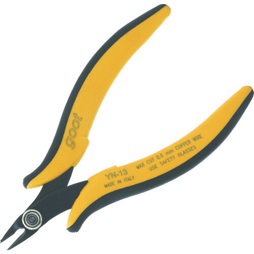 4975205410090｜7887272 [YN10] 1個販売 こちらの商品はメール便対応商品です。メール便対応数：25（※1回のご注文で対応数の合計が101以上だとメール便は対応できませんので予めご了承下さい。) 商品画像については実際の製品と異なる場合がございます。あくまでも商品のスペックをご確認の上ご注文をお願いいたします。※この商品は受注発注の商品です。その為メーカーに在庫がない場合がございます。その場合は大変申し訳ございませんがキャンセルとさせて頂きます。予めご了承下さい。7887272特長切断面は水平な状態でカットされていますので、精密部品のリード線、カッティング作業時に部品本体への衝撃が加わる心配がありません。指先だけの圧力で簡単にカットできる特殊構造です。仕様全長(mm)：140切断能力(mm)アルミ線：×切断能力(mm)ABS樹脂：×切断能力(mm)プラスチック：×切断能力(mm)硬線：×切断能力(mm)樹脂：×切断能力(mm)中硬線：×切断能力(mm)鉄線：×切断能力(mm)銅線：φ1.3切断能力(mm)軟線：×仕様2フラット刃ばね付飛散防止クリップ付材質_仕上高炭素鋼グリップ：塩化ビニール質量100.000G注意銅線以外の切断には使用しないで下さい。原産国イタリアJANコード4975205410090「ルーペスタジオ」では、拡大鏡(虫眼鏡/ルーペ)、双眼鏡、単眼鏡、望遠鏡などのレンズ製品を主に取り扱っております。工具製品は常には在庫しておらずお取りよせとなります。ご了承下さい。ニッパ電気・電子用 ニッパ（電気・電子用）グット 関連商品へ