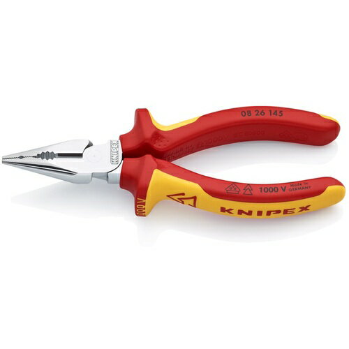 絶縁工具 ペンチ KNIPEX 絶縁ニードルノーズペンチ 1000V絶縁ハンドル 145mm [0826-145] 0826145 販売単位：1 送料無料
