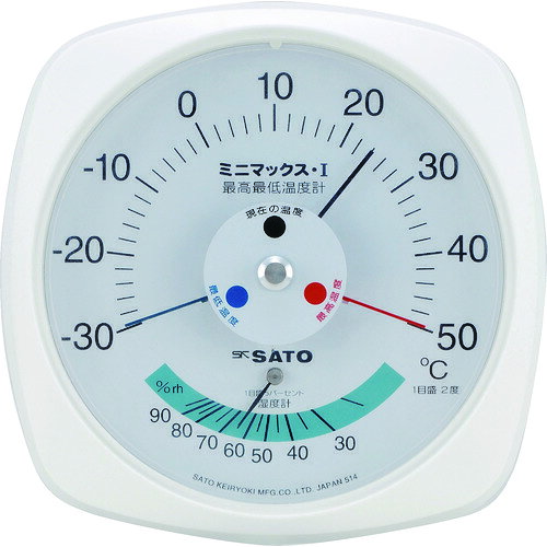 4974425317004｜857-1974 [730800] 1販売システム上、送料無料と表記されていても、沖縄県・離島宛、大型商品は追加料金をいただく場合があります。別途費用が発生する場合、システムの都合上ご購入時の自動配信メールには追加料金が含まれておりません。当店でご注文内容を確認し、別途メールにてご請求金額を連絡致します。商品画像については実際の製品と異なる場合がございます。あくまでも商品のスペックをご確認の上ご注文をお願いいたします。※この商品は受注発注の商品です。その為メーカーに在庫がない場合がございます。その場合は大変申し訳ございませんがキャンセルとさせて頂きます。予めご了承下さい。857-1974特長最高・最低温度と現在の温度と湿度が一目でわかる便利な温湿度計です。用途温室、ビニールハウスなどの温湿度管理の目安に。仕様測定温度範囲(℃)：-30〜50温度最小表示(℃)：2測定湿度範囲(%RH)：25〜95湿度最小表示(%RH)：5測定項目：温度、湿度幅(mm)：180奥行(mm)：35高さ(mm)：180寸法W(mm)：180寸法H(mm)：180寸法D(mm)：35仕様2壁掛け型材質_仕上本体材質:ABS樹脂、アクリル樹脂(透明板)質量240.000G原産国日本JANコード4974425317004「ルーペスタジオ」では、拡大鏡(虫眼鏡/ルーペ)、双眼鏡、単眼鏡、望遠鏡などのレンズ製品を主に取り扱っております。工具製品は常には在庫しておらずお取りよせとなります。ご了承下さい。温度計・湿度計 温湿度計佐藤 ミニマックス1型最高最低温度計（湿度計付き） 関連商品へ