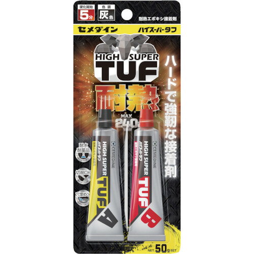 4901761527613｜432-2001 [CA138 ] 1S販売こちらの商品はメール便対応商品です。メール便対応数：35（※1回のご注文で対応数の合計が101以上だとメール便は対応できませんので予めご了承下さい。) システム上、送料無料と表記されていても、沖縄県・離島宛、大型商品は追加料金をいただく場合があります。別途費用が発生する場合、システムの都合上ご購入時の自動配信メールには追加料金が含まれておりません。当店でご注文内容を確認し、別途メールにてご請求金額を連絡致します。商品画像については実際の製品と異なる場合がございます。あくまでも商品のスペックをご確認の上ご注文をお願いいたします。※この商品は受注発注の商品です。その為メーカーに在庫がない場合がございます。その場合は大変申し訳ございませんがキャンセルとさせて頂きます。予めご了承下さい。432-2001特長最大240℃の耐熱性、耐水性、耐薬品性にすぐれる強力・強靭な接着剤です。速硬化型で、1時間で実用強度（70kgf／[[CM2]]）になります。(軟鋼板の場合)耐水性で、屋外用途にも対応しています。耐薬品性です。アセトン、アルコール、塩水で7日間浸潤テスト済みです。硬化後、切削・穴あけが可能です。穴埋め可能です。用途金属、プラスチック、コンクリート、木材に。強靭、強力に接着したい場合に。金属、プラスチックなど、熱が加わる部分の、接着・肉盛り・穴埋めに。粉体・焼付塗装パーツ・耐熱ダクト・ダクト接手・サウナ周り・金属パーツ・金属屋根・金属板・パイプなどの肉盛り・接着・応急処置の穴埋めに。仕様色(主剤/硬化剤)：白/灰色：灰容量(g)：50硬化時間(分)：硬化開始時間：5、動きづらくなる時間：10耐熱温度(℃)：240(熱老化試験3週間におけるせん断接着強度：被着体：軟鋼板SPCC)仕様2硬化開始時間：5分動きづらくなる時間：10分実用強度に達する時間：1時間（70kgf／［［CM2］］）耐薬品性接着剤耐水性接着剤15[[CM2]]の接着面積で1時間後の引張せん断強度：1000kgf以上材質_仕上主成分：エポキシ樹脂(A剤)、ポリチオール(B剤)質量90.000Gセット内容_付属品A液（主剤）25gB液（硬化剤）25gヘラポリ板注意本製品は家庭用品です。本品の仕様及び外観は改良等の為、お客様に予告なく変更する場合がありますので、予めご了承ください。使用できないもの：フッ素樹脂、ポリアセタール原産国日本JANコード4901761527613「ルーペスタジオ」では、拡大鏡(虫眼鏡/ルーペ)、双眼鏡、単眼鏡、望遠鏡などのレンズ製品を主に取り扱っております。工具製品は常には在庫しておらずお取りよせとなります。ご了承下さい。接着剤2液タイプ エポキシ系接着剤2液タイプセメダイン ハイスーパータフ 灰色 関連商品へ