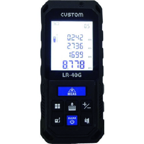4983621140095｜259-1671 [LR40G ] 1台販売システム上、送料無料と表記されていても、沖縄県・離島宛、大型商品は追加料金をいただく場合があります。別途費用が発生する場合、システムの都合上ご購入時の自動配信メールには追加料金が含まれておりません。当店でご注文内容を確認し、別途メールにてご請求金額を連絡致します。商品画像については実際の製品と異なる場合がございます。あくまでも商品のスペックをご確認の上ご注文をお願いいたします。※この商品は受注発注の商品です。その為メーカーに在庫がない場合がございます。その場合は大変申し訳ございませんがキャンセルとさせて頂きます。予めご了承下さい。259-1671特長グリーンレーザーにより、レーザー光の視認性が大幅に向上します。消費生活用製品安全法に適合し、PSCマークが付いています。長い距離でも、巻尺を使わず1人で手軽に距離を測定することができます。面積・体積・ピタゴラス測定など様々な測定ができます。デジタル水準器により、本体の水平角度も測定できます。IP54準拠の防塵防水構造。測定基準を本体底面/三脚穴/上面の3か所から設定が可能。三脚穴があるので、三脚に取り付けて安定した測定が可能。同梱のNi-MH充電池では、アルカリ乾電池の約1.5倍の長寿命。また、市販のUSB(Type-C)充電器でNi-MH充電池を本体で充電できます。用途建設現場・土木工事・土地調査・塗装・店舗調査・リフォーム・造船・製造業など様々な現場で。一般家庭でも、引っ越し/模様替えなどの採寸に。仕様測定範囲(m)：0.2〜40測定精度(mm)：±2.0最小表示(mm)：1高さ(mm)：115幅(mm)：49厚さ(mm)：26最小表示(m)：0.001測定項目：面積・体積・ピタゴラス測定測定基準位置の設定：3か所レーザー安全規格：PSC電源：単4形Ni-MH充電池×3本、または、単4形アルカリ乾電池×3本保護等級：IP54保証期間：1年電源(V)：単4形Ni-MH充電池×3本、または、単4形アルカリ乾電池×3本仕様2最小測定単位：0.001 m (1 mm)角度精度：± 1°レーザークラス：クラス2レーザー波長、出力：490〜560 nm、1mW以下オートパワーオフ：電源：約 180秒後、　レーザー光：約30秒後防塵防水西濃：IP54 準拠USB端子：Type-C (充電機能のみ)使用温湿度：0 〜 +40℃、80％RH以下（但し、結露の無い事）材質_仕上ABS樹脂質量145.000G注意測定に適さない環境下(強い太陽光の下や反射の弱い測定対象表面の場合など)では、測定可能距離が短くなる場合があります。精度は測定に適した環境下で0.2m〜5mで適用されます。5m以上では、0.1mm/m (1m当たり0.1mm)悪くなる場合があります。測定に適した環境下（主に屋内での測定を想定）とは： ・周囲に強い光がないこと、・白色の反射板、・環境温度25℃。測定に適さない環境下では、 さらに精度が悪化する場合があります。原産国中国JANコード4983621140095「ルーペスタジオ」では、拡大鏡(虫眼鏡/ルーペ)、双眼鏡、単眼鏡、望遠鏡などのレンズ製品を主に取り扱っております。工具製品は常には在庫しておらずお取りよせとなります。ご了承下さい。レーザー距離計 レーザー距離計CUSTOM 関連商品へ
