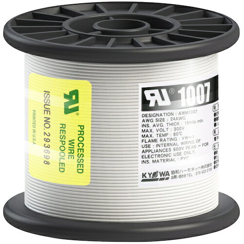 4930393108884｜5628607 [UL1007AWG24100MWH ] 1巻販売商品画像については実際の製品と異なる場合がございます。あくまでも商品のスペックをご確認の上ご注文をお願いいたします。※この商品は受注発注の商品です。その為メーカーに在庫がない場合がございます。その場合は大変申し訳ございませんがキャンセルとさせて頂きます。予めご了承下さい。5628607特長UL WL-1及び電気用品安全法-F-の難燃試験に合格します。UL・CSA共用です。仕様色：白芯数：1全長(m)：100定格：300V外径寸法(mm)：約1.4導体(より線)断面積：AWG24定格温度(℃)：80許容電流(A)：6仕様2定格温度80℃ 質量518.000G原産国日本JANコード4930393108884「ルーペスタジオ」では、拡大鏡(虫眼鏡/ルーペ)、双眼鏡、単眼鏡、望遠鏡などのレンズ製品を主に取り扱っております。工具製品は常には在庫しておらずお取りよせとなります。ご了承下さい。電線 電線KYОWA UL耐熱ビニル絶縁電線 UL1007 関連商品へ