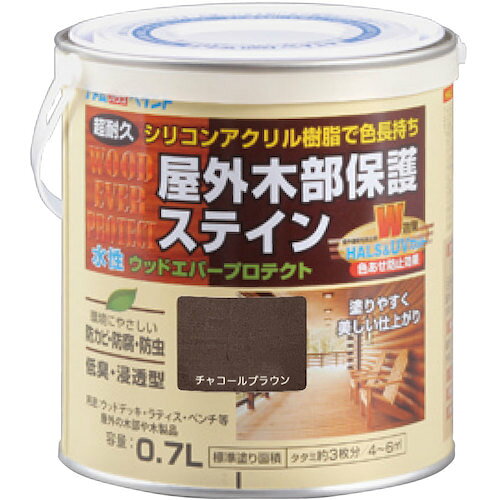 4971544089096｜589-5234 [0000108909 ] 1販売 商品画像については実際の製品と異なる場合がございます。あくまでも商品のスペックをご確認の上ご注文をお願いいたします。※この商品は受注発注の商品です。その為メーカーに在庫がない場合がございます。その場合は大変申し訳ございませんがキャンセルとさせて頂きます。予めご了承下さい。589-5234特長シリコンアクリル樹脂にHALS（紫外線劣化防止剤）とUV吸収剤を配合した高性能木部保護塗料です。用途ウッドデッキ、ラティス、木製家具、木製ベンチなどの屋外木部に。仕様容量(L)：0.7乾燥時間：約1時間（夏）、約2〜3時間（冬）色：チャコールブラウン塗り重ね可能時間：夏期/約2日、冬期/約4日指触乾燥時間：夏期/約1、冬期/約2〜3塗り重ね回数：2塗布面積(［［M2］］)：4〜6(畳枚数換算約3枚分)仕様2塗り面積(m2)：4〜6（畳枚数換算約3枚）。液性：水性（半造膜タイプ）。希釈剤：不要材質_仕上合成樹脂（シリコンアクリル）質量0.930KG注意塗りつぶしタイプの塗装面にはご使用になれません。塗れない場所の代表例【木以外の素材、塗装面、プリント合板やプラスチック、特殊処理をされた素材、屋内の床、乾燥不十分な木や竹材、食器類、ペットがかじったりする素材や場所など】。原産国日本JANコード4971544089096「ルーペスタジオ」では、拡大鏡(虫眼鏡/ルーペ)、双眼鏡、単眼鏡、望遠鏡などのレンズ製品を主に取り扱っております。工具製品は常には在庫しておらずお取りよせとなります。ご了承下さい。塗料 建物用塗料（水性）アトムペイント 水性ウッドエバープロテクト 関連商品へ