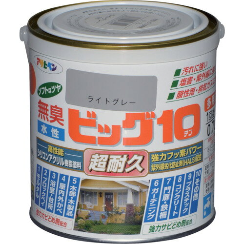 4970925433022｜124-8839 [433022 ] 1販売 システム上、送料無料と表記されていても、沖縄県・離島宛、大型商品は追加料金をいただく場合があります。別途費用が発生する場合、システムの都合上ご購入時の自動配信メールには追加料金が含まれておりません。当店でご注文内容を確認し、別途メールにてご請求金額を連絡致します。商品画像については実際の製品と異なる場合がございます。あくまでも商品のスペックをご確認の上ご注文をお願いいたします。※この商品は受注発注の商品です。その為メーカーに在庫がない場合がございます。その場合は大変申し訳ございませんがキャンセルとさせて頂きます。予めご了承下さい。124-8839特長特殊フッ素樹脂、シリコンアクリル樹脂のシリコン架橋システム及び紫外線劣化防止剤（HALS）の相乗効果により、汚れにくく、耐久性が格段に優れた高性能塗料です。白系塗料には自動車用塗料にも使用されている高耐候性二酸化チタンを使用しています。酸性雨や酸性雪・排気ガス・塩害に強い塗料です。いやな臭いのしない無臭タイプで、1回塗りで仕上がります。サビドメ剤、防カビ剤を配合していますので、サビやカビの発生を防ぎます。厚塗りしてもタレにくく、たいへん塗りやすい塗料です。用途用途：屋内外の木・鉄部・サイディング・浴室・台所・居間などのモルタル、コンクリート壁、しっくい壁・プラスチック（発砲スチロール・アクリル・硬質塩ビ）に。仕様色：ライトグレー容量(L)：0.7乾燥時間：夏期/30〜60分・冬期/2〜3時間塗り重ね可能時間：2〜3時間塗り重ね回数：2塗布面積(［［M2］］)：5〜6.6指触乾燥時間：2〜3時間質量1.000KG原産国日本JANコード4970925433022「ルーペスタジオ」では、拡大鏡(虫眼鏡/ルーペ)、双眼鏡、単眼鏡、望遠鏡などのレンズ製品を主に取り扱っております。工具製品は常には在庫しておらずお取りよせとなります。ご了承下さい。塗料 建物用塗料（水性）アサヒペン 水性ビッグ10多用途 関連商品へ
