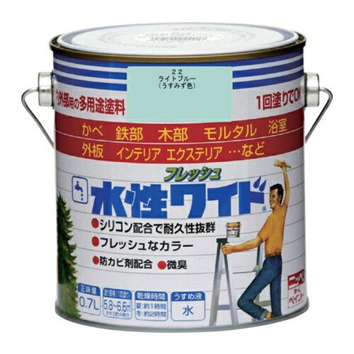 4976124024719｜827-9428 [4976124024719 ] 1販売商品画像については実際の製品と異なる場合がございます。あくまでも商品のスペックをご確認の上ご注文をお願いいたします。※この商品は受注発注の商品です。その為メーカーに在庫がない場合がございます。その場合は大変申し訳ございませんがキャンセルとさせて頂きます。予めご了承下さい。827-9428特長塗膜は汚れにくく、付着した汚れも水しぶきで簡単に洗浄できる（ウォッシャビリティに優れる）高性能塗料です。タレにくい、微臭タイプです。かび止め材、さび止め材配合しています。用途浴室・台所・洗面所・部屋のかべや天井などに。ドア・木のサン・戸袋・羽目板・板べい・木製品などに。屋内外のしっくい・スレート・モルタル・コンクリートのかべ・ブロックべい・リシンかべ・各種塗装されたサイディングかべなどに。(テーブルの天板・床面には塗れません。)門扉・フェンス・鉄柵・鉄サッシ・窓枠・物置などに。仕様色：ライトブルー容量(L)：0.7乾燥時間：約1時間(夏30℃)、2時間(冬10℃)塗り重ね可能時間：4時間以上(20℃)塗り重ね回数：1塗布面積(［［M2］］)：5.8〜6.6材質_仕上合成樹脂（アクリル・シリコン）顔料防かび剤水質量1040.000G注意注意書きをよく読んでから使用してください。衣類についた塗料は乾いたら落ちません。汚れてもよい服装で作業してください。塗り面積、乾燥時間は、塗料の色、塗る面の状態、塗り方、気象条件などにより多少異なることがあります。原産国日本JANコード4976124024719「ルーペスタジオ」では、拡大鏡(虫眼鏡/ルーペ)、双眼鏡、単眼鏡、望遠鏡などのレンズ製品を主に取り扱っております。工具製品は常には在庫しておらずお取りよせとなります。ご了承下さい。塗料 多目的塗料ニッぺ 水性フレッシュワイド 0．7L 関連商品へ