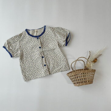 キッズ 女の子 半袖 ブラウス blue flower blouse シャツ 小花柄 可愛い 90cm 100cm 110cm 120cm 130cm 海外 輸入 子供服 春 夏 秋 送料無料 パイピング フリル 青