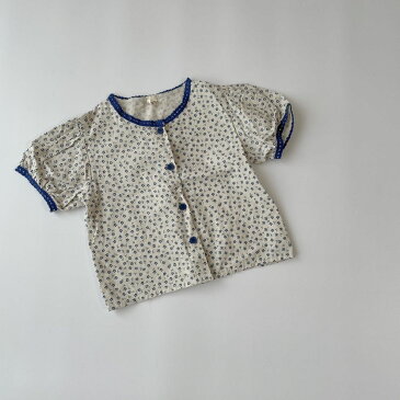 キッズ 女の子 半袖 ブラウス blue flower blouse シャツ 小花柄 可愛い 90cm 100cm 110cm 120cm 130cm 海外 輸入 子供服 春 夏 秋 送料無料 パイピング フリル 青