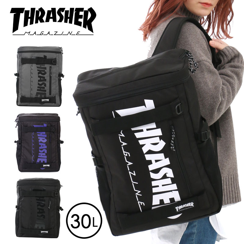 リュック THRASHER スラッシャー スクエア ボックス リュックサック 黒 防水 撥水 通学 通勤 大容量 30L A4 ロゴ 黒 おしゃれ バッグ バックパック スクエアリュック メンズ レディース 送料無料 THR-161