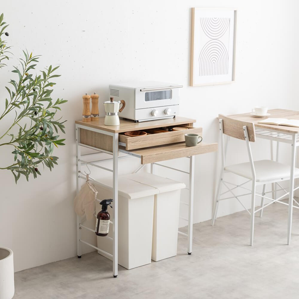 ローレンジラック レンジ台 ゴミ箱上ラック 電子レンジラック 食器棚 キッチン収納 レンジボード 引き出し スライドトレー スライドテーブル カウンター コンセント付き 2口 ゴミ箱収納 スチールラック オーブントースター ナチュラル シンプル 北欧