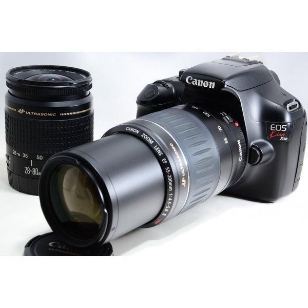 【中古】キヤノン Canon EOS Kiss X50 標準&望遠ダブルレンズセット ブラック 美品 ストラップ付き