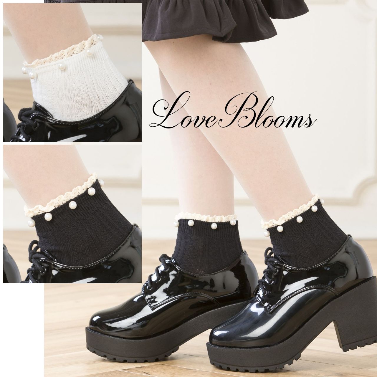 楽天LoveBlooms【楽天スーパーSALE 数量限定 割引】靴下 レディース おしゃれ パール フリル レース コットン ソックス 黒 白 ブラック ホワイト 脱げにくい レディース 靴下 パール付き クルー丈 量産型 地雷系 靴 かわいい ロリータ 厚底 パンプス ローファー スニーカー 結婚式 発表会