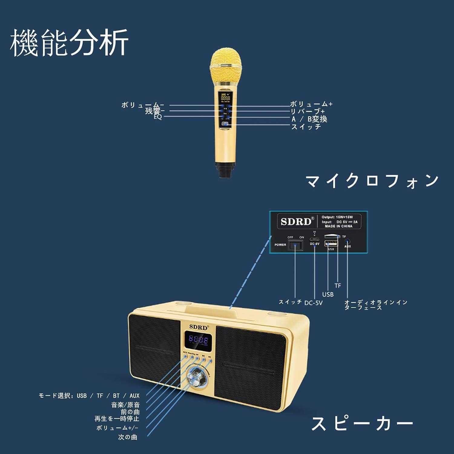 広島の恋のカラオケ Bluetooth マイク2本 カラオケマイク 家庭用 ホームKTV ワイヤレスマイクシステム 2ハンドヘルドマイク 子供 有線および無線接続 かわいい SD-309｜アングル3