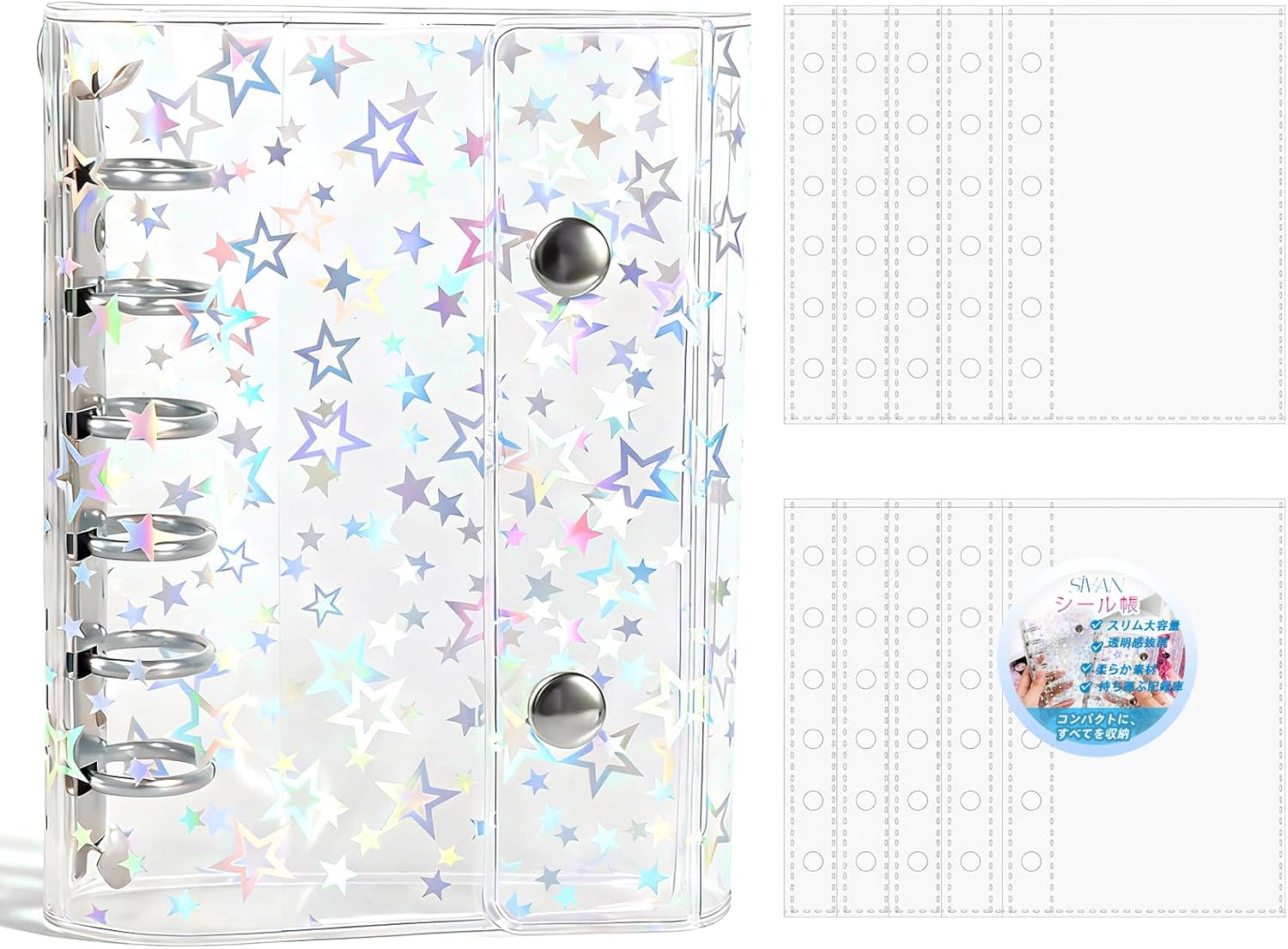 Rakuten - シール帳 A7サイズ 透明手帳 バインダー 【リングの開閉は、両端を軽く押すだけでOK】 【3層構造PPシート・両面収納ポケット付・シール収納・防水防汚】 手帳 シール台紙 プリ帳 リフィル カードポケット カードスリーブ はがせる クリアタイプ 星柄タイプ
