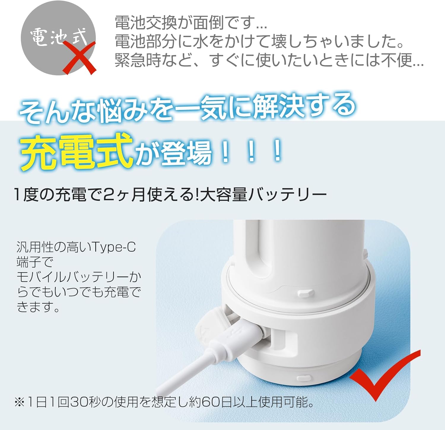 広島の恋のおしり洗浄器 充電式 携帯洗浄器 ホワイト トイレ 旅行グッズ （USBケーブル1個、予備ノズル1個、専用袋付）Type-C シャワー ウォッシュ 快適グッズ 旅行 トラベル トイレ ハンディ ポータブル｜アングル3