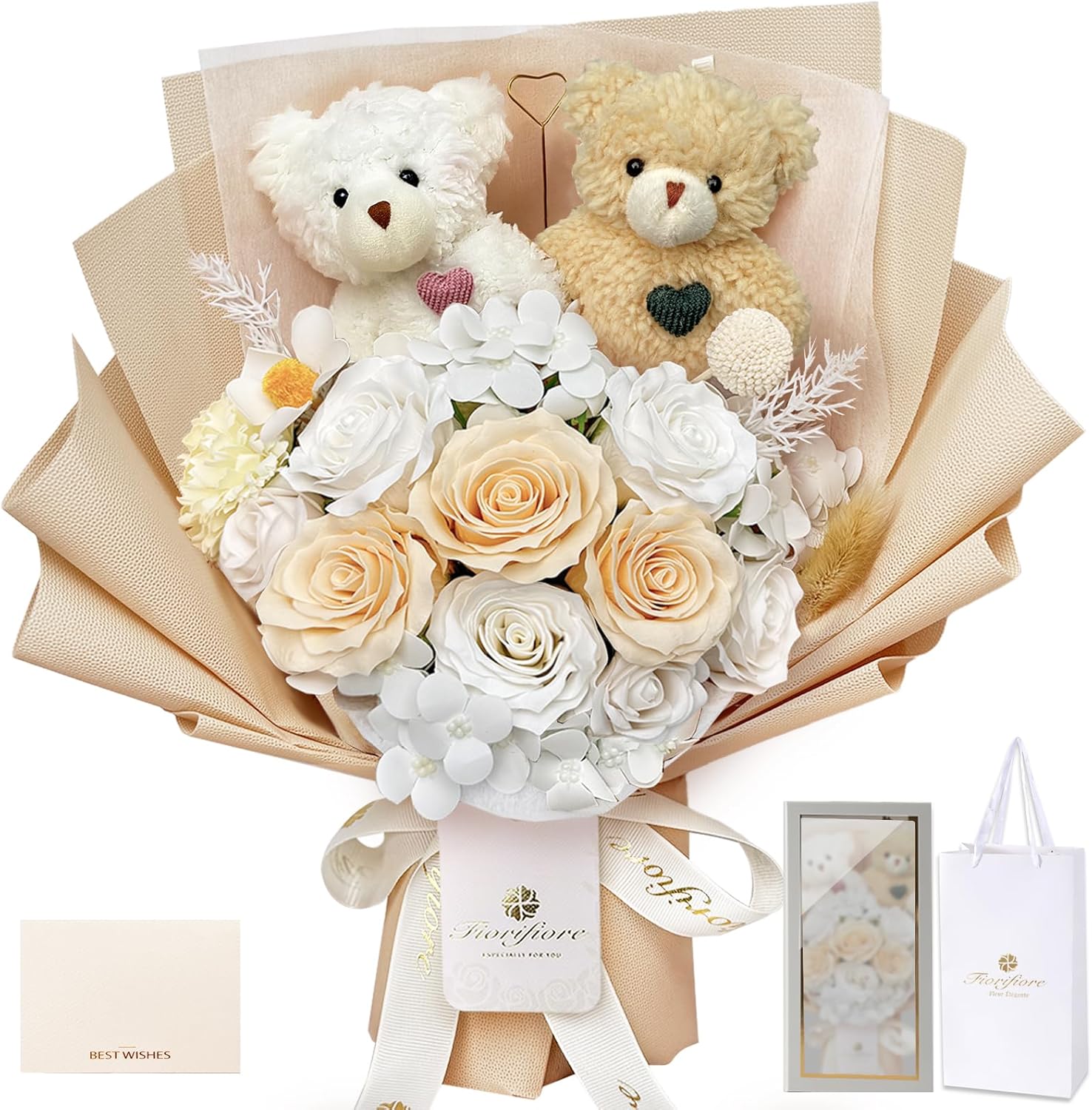 商品情報【小熊入りの可愛いソープフラワー花束】バラ ソープフラワーの中央に、愛らしい小熊がちょこんと座った特別仕様。ふんわりと香る上品な香りと、見た目の可愛らしさで贈る相手の心を温めます。【永遠に枯れない美しさ】石鹸素材の花びらは、本物のバ...