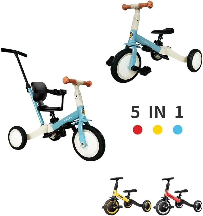 Nijakise子供用三輪車5in1三輪車ランニングバイク誕生日プレゼント1歳から5歳までコンパクト超軽量ベビーカー組み立て簡単サドルシートハンドル調整可能手押し棒付きシートベルト付き