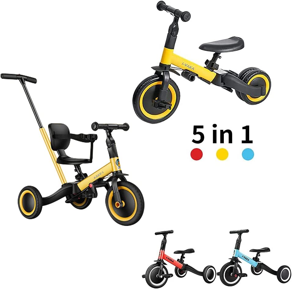 Nijakise子供用三輪車5in1三輪車ランニングバイク誕生日プレゼント1歳から5歳までコンパクト超軽量ベビーカー組み立て簡単サドルシートハンドル調整可能手押し棒付きシートベルト付き