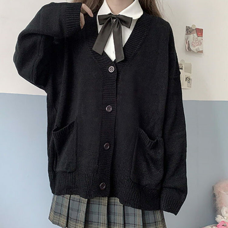 制服 ゆったり 女子 大きいサイズ ニットカーディガン 秋冬 全6色!学生服 前開き 春 Vネック 羽織り スクールセーター 高校生 中学生ドロップスリーブ 無地 イエロー かわいい ホワイト シンプル ブラック ピンク ブルー ベージュ スクールカーディガン