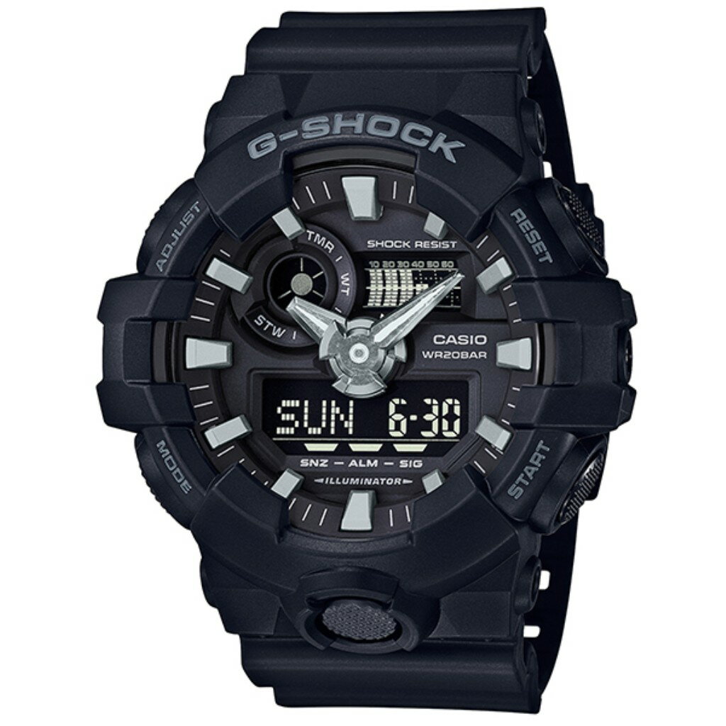 カシオ（CASIO）の腕時計が、入荷しました。カシオ 腕時計 CASIO G-SHOCK GA-700-1BJF Gショックサイズサイズ（高x横x奥）/質量：57.5x53.4x18.4mm/69.0g防水20気圧防水仕様ワールドタイム：世界48都市（29タイムゾーン、サマータイム設定機能付き） 　＋UTC（協定世界時）の時刻表示、ホームタイムの都市入替機能ストップウオッチ（1/1000秒、100時間計、速度計測機能(MAX1998unit / h、2unit / h単位)、 　ラップ／スプリット計測切替）タイマー（セット単位：1分、最大セット：24時間、1秒単位で計測、オートリピート）時刻アラーム5本（1本のみスヌーズ機能付き）・時報フルオートカレンダー　うるう年の2月29日を含めた毎月末の日付修正の必要がありません。12/24時間制表示切替針退避機能（針が液晶表示と重なって見づらいときは、針を液晶表示の上から一時的に退避させることができます）LEDライト（スーパーイルミネーター、残照機能、残照時間切替（1.5秒/3秒）付き）保証期間1年保証商品コード4549526140945※販売商品について実店舗でも販売しております都合上、品切れとなる場合もございます。 販売商品は店頭管理在庫・倉庫管理在庫のいずれかより直送させて いただきますのでご理解の上、お買い求めくださいますようお願い申し上げます。 また、倉庫管理在庫指定等は承っておりませんのでご了承ください。なお商品の確保はクレジットカード決済の場合はカード承認後、銀行振込の場合はご入金確認後となります。