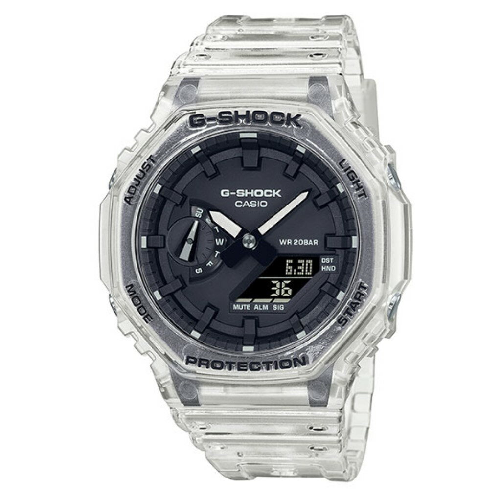 カシオ（CASIO）の腕時計が、入荷しました。カシオ CASIO GA-2100SKE-7AJF Gショック G-SHOCK 腕時計透過する樹脂パーツで構成したスケルトンシリーズの新作。カラーリングはホワイトをベースにしたクリアータイプと グレーをベースにしたスケルトンタイプの2タイプをラインアップ。ホワイトベースは元祖スクエアモデルDW-5600、 3DフェイスでダイナミックなデザインのGA-700、 カーボンコアガード構造で八角形ベゼルが人気のGA-2100の3種、 グレーベースはデジタルとアナログの定番コンビネーションモデルGA-110、 カーボンケースのスポーティモデルのGA-2000、 武骨でタフなフォルムのGA-900の3種をご用意いたしました。シックなカラーリングでファッションアイテムとしても活躍する新しいスケルトンシリーズの登場です。サイズサイズ（高x横x奥）/質量：48.5x45.4x11.8mm/51.0g防水20気圧防水仕様ワールドタイム：世界48都市（31タイムゾーン、サマータイム設定機能付き）　＋UTC（協定世界時）の時刻表示針退避機能ストップウオッチ（1/100秒（1時間未満）/1秒（1時間以上）、24時間計、スプリット付き）タイマー（セット単位：1秒、最大セット：24時間、1秒単位で計測)時刻アラーム5本・時報フルオートカレンダー　うるう年の2月29日を含めた毎月末の日付修正の必要がありません。12/24時間制表示切替操作音ON/ OFF 切替機能ダブルLEDライト（スーパーイルミネーター、残照機能、残照時間切替（1.5秒／3秒）付き）保証期間1年保証商品コード4549526297946※販売商品にについて実店舗でも販売しております都合上、品切れとなる場合もございます。 販売商品は店頭管理在庫・倉庫管理在庫のいずれかより直送させて いただきますのでご理解の上、お買い求めくださいますようお願い申し上げます。 また、倉庫管理在庫指定等は承っておりませんのでご了承ください。なお商品の確保はクレジットカード決済の場合はカード承認後、銀行振込の場合はご入金確認後となります。