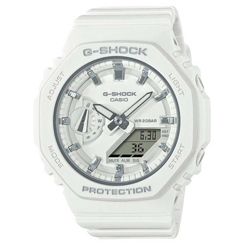 カシオ（CASIO）の腕時計が、入荷しました。カシオ CASIO GMA-S2100-7AJF Gショック G-SHOCK 腕時計1983年の発売以来、進化を続けるG-SHOCKから、シンプルで薄型のデザインモデルの登場です。G-SHOCKの初代モデルの八角形フォルムを受け継ぎ、薄型化したモデルになっています。ホワイトのシンプルなカラーリングで、どんな服装にも合わせることができます。バーインデックスはメタリックな質感で魅力的です。フルオートカレンダーやワールドタイム機能が備わり、普段使いに便利です。自分へのご褒美としてはもちろん、大切な方へのプレゼントとしてもおすすめです。サイズサイズ（高x横x奥）/質量：46.2x42.9x11.2mm/41.0g防水20気圧防水仕様ワールドタイム：世界48都市（31タイムゾーン、サマータイム設定機能付き）　＋UTC（協定世界時）の時刻表示針退避機能ストップウオッチ（1/100秒（1時間未満）/1秒（1時間以上）、24時間計、スプリット付き）タイマー（セット単位：1秒、最大セット：24時間、1秒単位で計測)時刻アラーム5本・時報フルオートカレンダー　うるう年の2月29日を含めた毎月末の日付修正の必要がありません。12/24時間制表示切替操作音ON/ OFF 切替機能ダブルLEDライト（スーパーイルミネーター、残照機能、残照時間切替（1.5秒／3秒）付き）保証期間1年保証商品コード4549526300431※販売商品について実店舗でも販売しております都合上、品切れとなる場合もございます。 販売商品は店頭管理在庫・倉庫管理在庫のいずれかより直送させて いただきますのでご理解の上、お買い求めくださいますようお願い申し上げます。 また、倉庫管理在庫指定等は承っておりませんのでご了承ください。なお商品の確保はクレジットカード決済の場合はカード承認後、銀行振込の場合はご入金確認後となります。