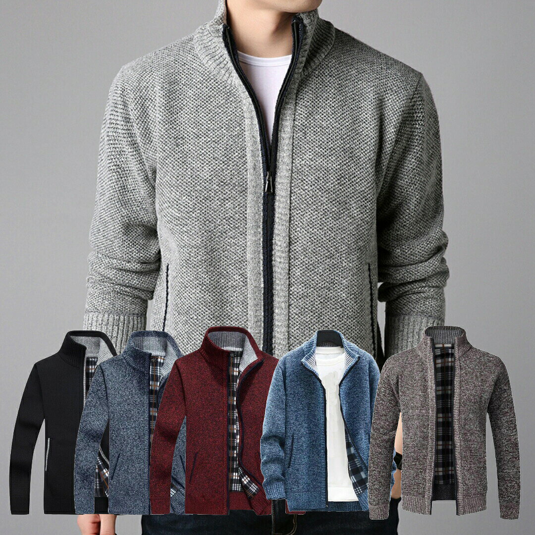 メンズ ジップアップ 裏起毛 裏フリース ニットジャケット ニットブルゾン カーディガン ゴルフウェア ..