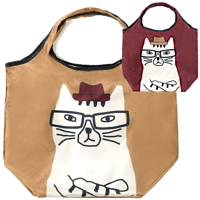 送料無料 軽量コンパクト エコバッグ ネコザワ柄 Sサイズ マスタード/レッド くすぐるメガネねこ 猫柄 ..