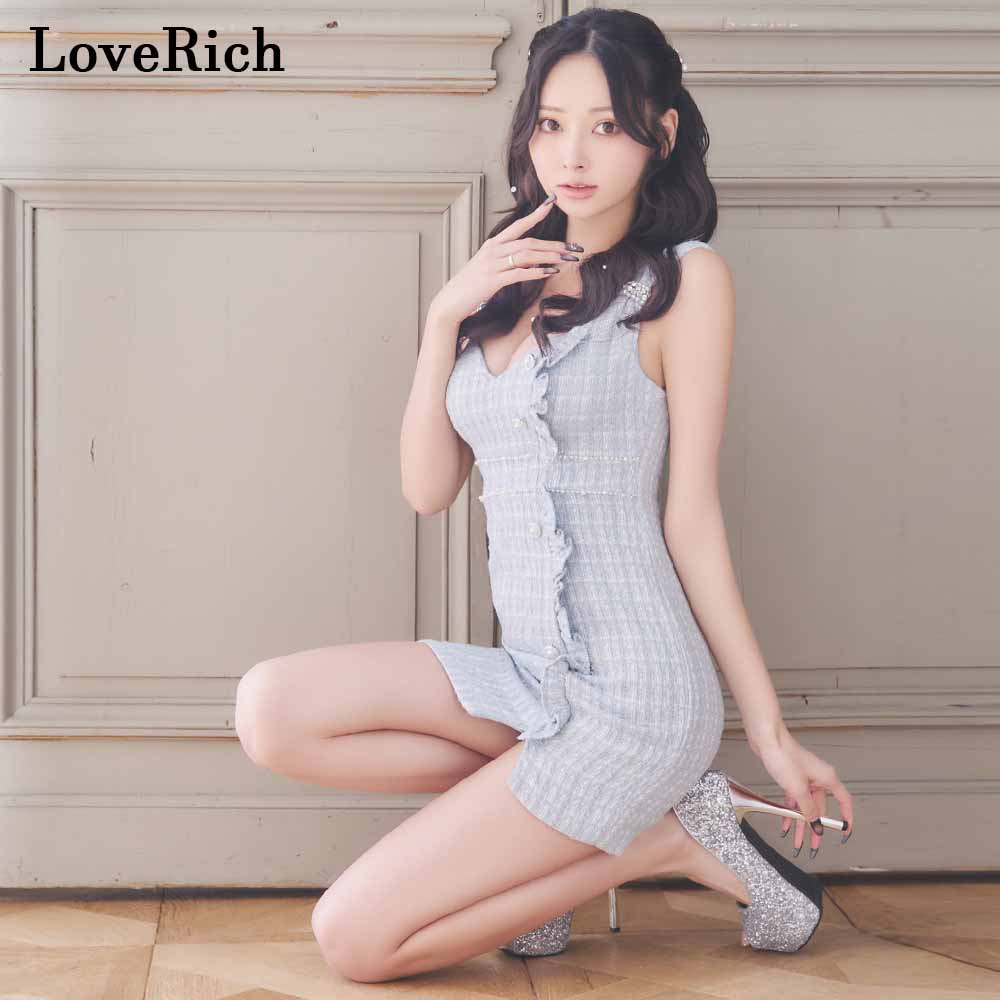 1331【SMLサイズ/2カラー】ノースリーブ ショルダービジュー フリル パール ボタン スリット 美胸 タイト ミニドレス キャバドレス