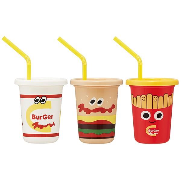 バーガーコンクス ストロー付きタンブラー 230ml 3個セット コップ カープ 蓋付きコップ プラスチック キャラクター ミックス スケーター