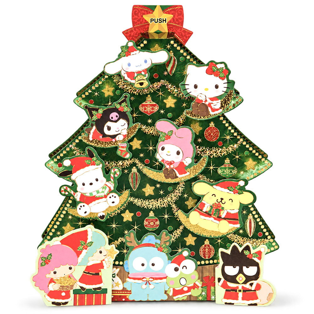 クリスマスのご挨拶や贈り物にぴったりのグリーティングカードです☆封筒も付属しているので、そのままプレゼントとしてお渡しできます♪サンリオキャラクターたちがツリーの飾り付けをする様子を描いた、華やかでかわいいデザインの立体カードです。ボタンを押すと「ジングルベル」の曲が流れ、透明素材のツリーごしにたくさんの緑の光が点滅します。全面にホログラム金箔加工がほどこされています。●カードの裏側にメッセージスペースがあります●電池交換可(LR44)。アルカリボタン電池3個(内蔵)●曲目:ジングルベル●赤い封筒付き【サイズ】約幅16x奥行1x高さ21.5cm【素材】紙、その他