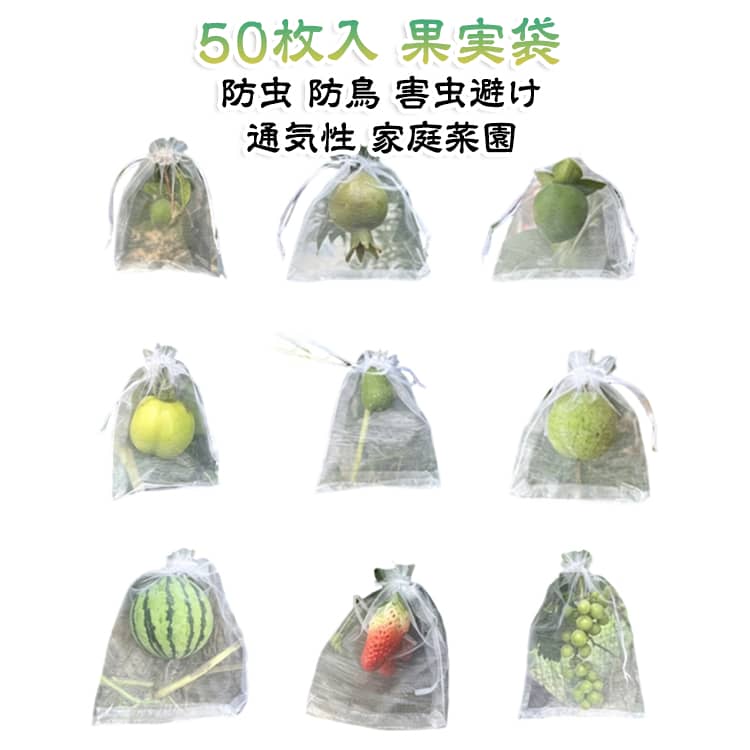 【50枚セット】果実を害虫や鳥から守る防虫ネット果実袋です。ぶどうやりんご、いちご、いちじくなどの果樹栽培に最適。メッシュ構造で通気性が良く、実を傷めずに育てられます。鳩やカラスよけ、虫除けに効果的で家庭菜園をしっかり保護。使い捨てで衛生的、収穫袋としても便利な園芸用品です。 サイズ 23×30cm 23×36cm 30×40cm 30×46cm サイズについての説明 サイズ：23×30cm 23×36cm 30×40cm 30×46cm※画像の商品は光の照射や角度により、実物と色味が異なる場合がございます。また表示のサイズ感と実物は若干異なる場合もございますので、予めご了承ください。※サイズ感につきましては体型により異なりますので、予めご了承ください。※サイズ詳細等の測り方はスタッフ間で統一、徹底はしておりますが、実寸は商品によって若干の誤差がある場合がございますので、予めご了承ください。※通常のサイズ基準ではなく、身長と体重を参考にお選びください。 素材 メッシュバッグ 色 50枚セット 備考 ●サイズ詳細等の測り方はスタッフ間で統一、徹底はしておりますが、実寸は商品によって若干の誤差(1cm～3cm )がある場合がございますので、予めご了承ください。 ●製造ロットにより、細部形状の違いや、同色でも色味に多少の誤差が生じます。 ●パッケージは改良のため予告なく仕様を変更する場合があります。 ▼商品の色は、撮影時の光や、お客様のモニターの色具合などにより、実際の商品と異なる場合がございます。あらかじめ、ご了承ください。 ▼生地の特性上、やや匂いが強く感じられるものもございます。数日のご使用や陰干しなどで気になる匂いはほとんど感じられなくなります。 ▼同じ商品でも生産時期により形やサイズ、カラーに多少の誤差が生じる場合もございます。 ▼他店舗でも在庫を共有して販売をしている為、受注後欠品となる場合もございます。予め、ご了承お願い申し上げます。 ▼出荷前に全て検品を行っておりますが、万が一商品に不具合があった場合は、お問い合わせフォームまたはメールよりご連絡頂けます様お願い申し上げます。速やかに対応致しますのでご安心ください。