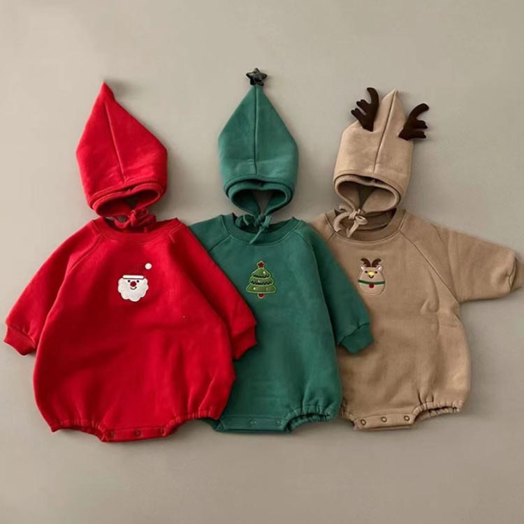 【送料無料】2点セット ベビー サンタ コスプレ ロンパース クリスマス 着ぐるみ ハロウィン 衣装 コスチューム 仮装 長袖 クリスマス衣装 赤ちゃん カバーオール サンタさん トナカイ キッズ 出産祝い プレゼント 裏起毛 厚手 帽子付き 幼児 冬 ベビー服 サンタクロース