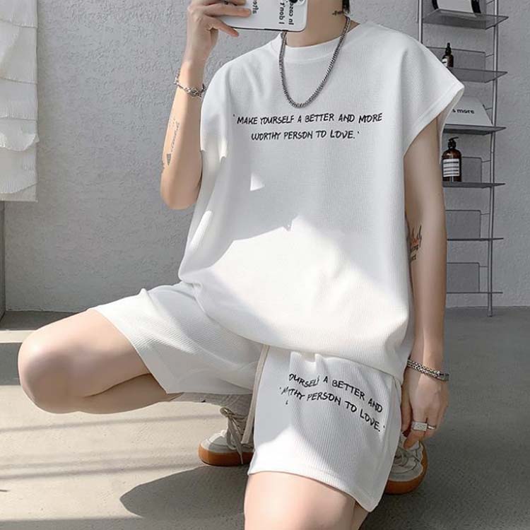 スポーツウェア メンズ トップス 半袖 ワッフル Tシャツ タンクトップ ハーフパンツ セットアップ 上下セット ルームウェア 上下セット ゆったり クルーネック ウエストゴム 春服 夏 夏服 カジュアル 大きいサイズ