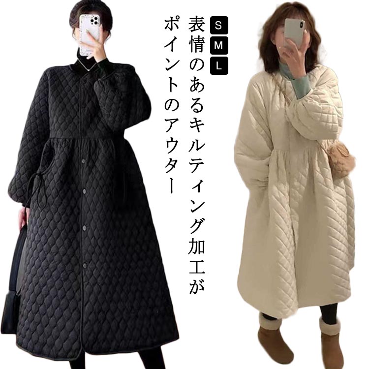 乐天商城 - ノーカラーコート キルティングジャケット アウター ワンピース Aライン キルティング ロングコート 体型カバー かわいい 中綿コート キルト コート キルティング ロングジャケット 軽い レディース 羽織り 大きいサイズ ライトアウター 長袖 ゆったり 防寒