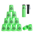 DEWEL スタッキングカップ スタッキングカップ スピードカップス 競技用 飛重ねカップ プラスチック製 厚め 12個セット 手提げ棒付き 収納袋付き (グリーン)
