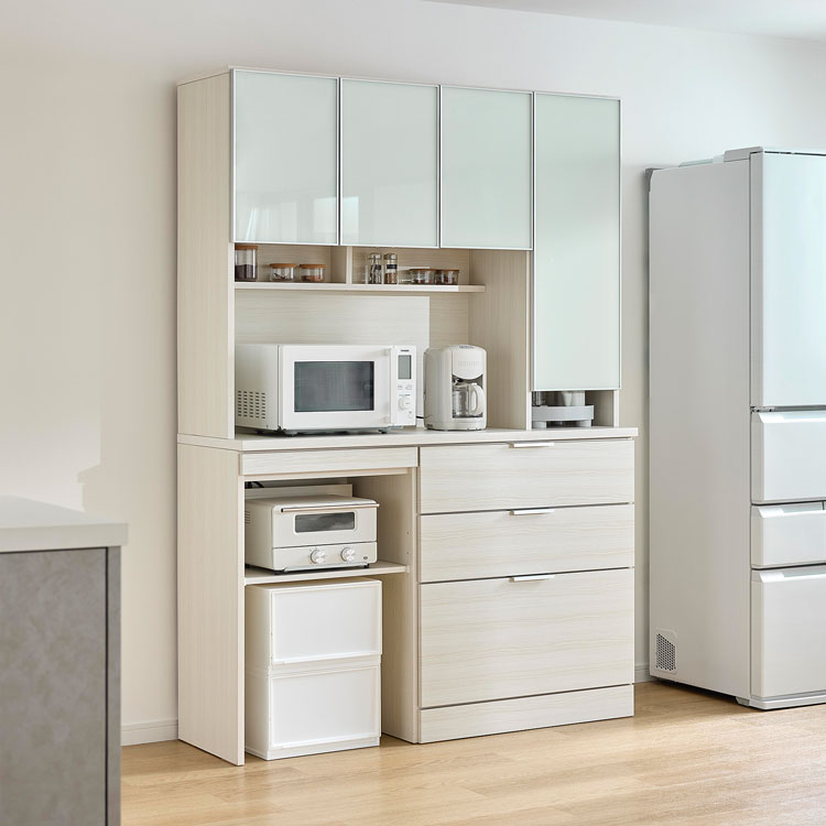 キッチンボード 食器棚 キッチンラック 幅140cm ハイタイプ 大容量 可動棚 高さ200cm ガラス扉 飛散防止フィルム加工 収納 モイス加工 ゴミ箱収納 引き出し DAP化粧板 レンジ台 スパイスラック 開梱設置