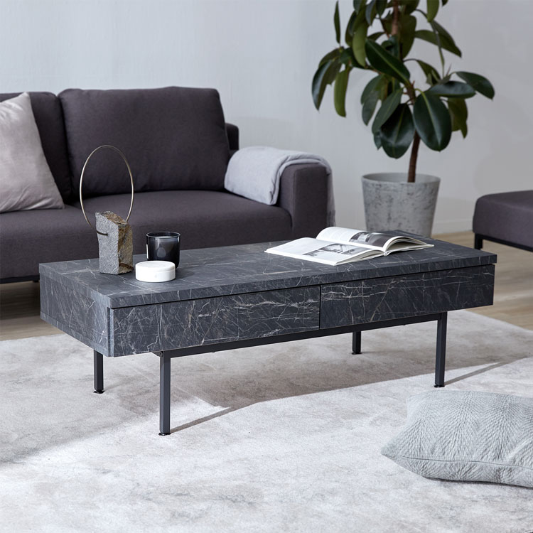 テーブル センターテーブル ローテーブル おしゃれ 120cm 半完成品 国産 コーヒーテーブル 引き出し 収納付き 大理石柄 ホワイト ブラック スチール脚 シンプル 日本製 在宅 リモートワーク