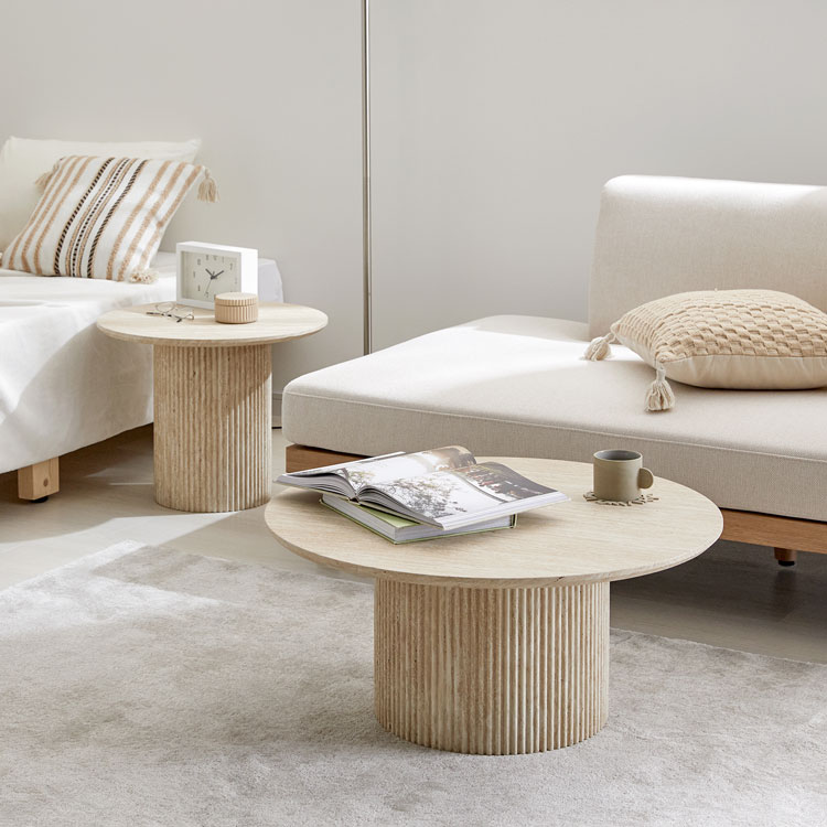 ネストテーブル 丸 ローテーブル テーブル センターテーブル 2個セット トラバーチン 石柄 おしゃれ 丸テーブル 円形 丸型 円型 サイドテーブル 一本脚 コーヒーテーブル ラウンド コンパクト 組み立て簡単