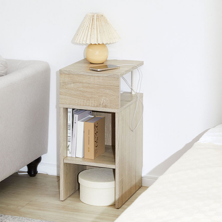 サイドテーブル 隠せる コンセント付き 可動棚 テーブル 収納棚 オープンラック ディスプレイラック ナイトテーブル 棚 ラック 収納 本棚 寝室 ベッドサイド サイドチェスト サイド ベッド ソファ おしゃれ 木製 木目調