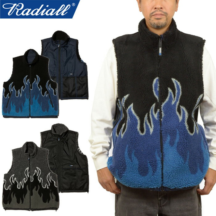 【SALE】RADIALL ラディアル RAD-23AW-JK005 FLAMES - ZIP UP VEST フレイムス ジップアップベスト ジャケット アウター リバーシブル フリース リップストップナイロン 炎柄 アメカジ アウトドア ワーク ストリート メンズ 2カラー 国内正規 2023AW 10%OFF 1