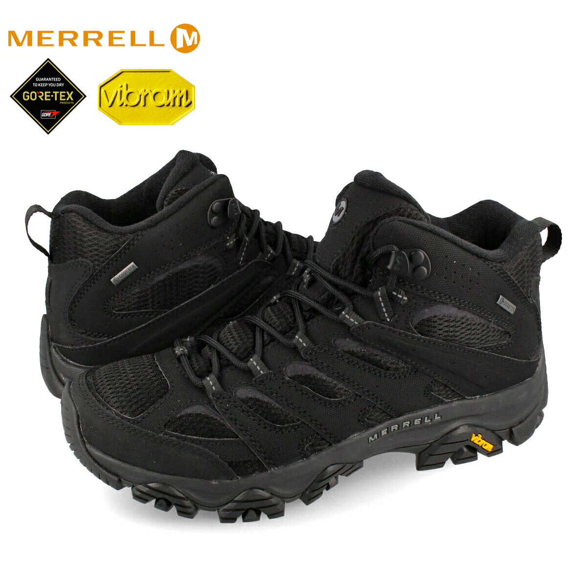 15時迄のご注文で即日発送可 MERRELL MOAB 3 SYNTHETIC MID GORE-TEX M メレル モアブ3 シンセティック ミッド ゴアテックス メンズ トレッキング シューズ ウォータープルーフ 防水性 VIBRAMソール TRIPLE BLACK トリプルブラック J500249