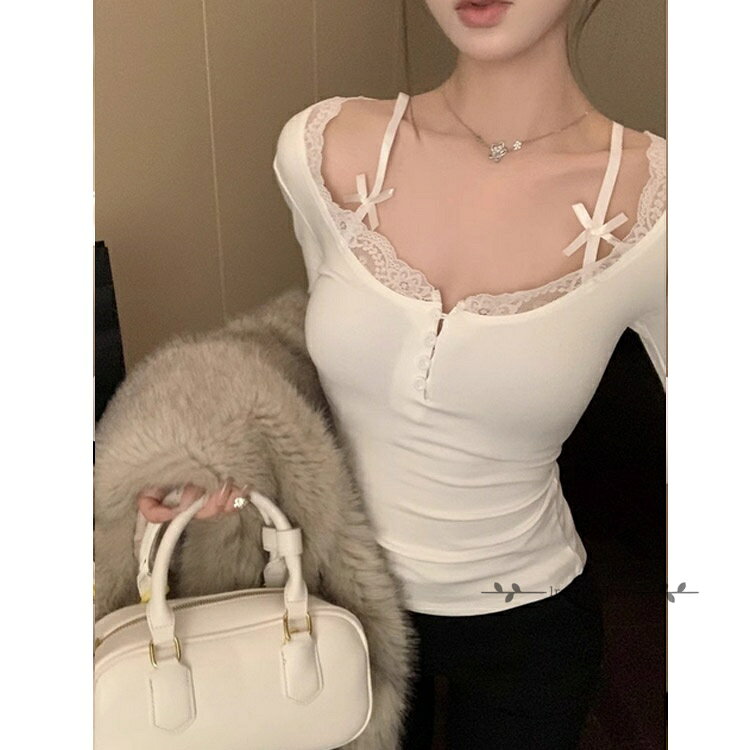 【楽天スーパーSALE】長袖 インナー カットソー レディース 春秋冬 インナーシャツ レース ストレッチ 長袖Tシャツ カジュアル シンプル お洒落 快適 着痩せ 日常 普段着 セクシー lrstyle-shop-10014559 LR-shop楽天市場店 サンプル画像3