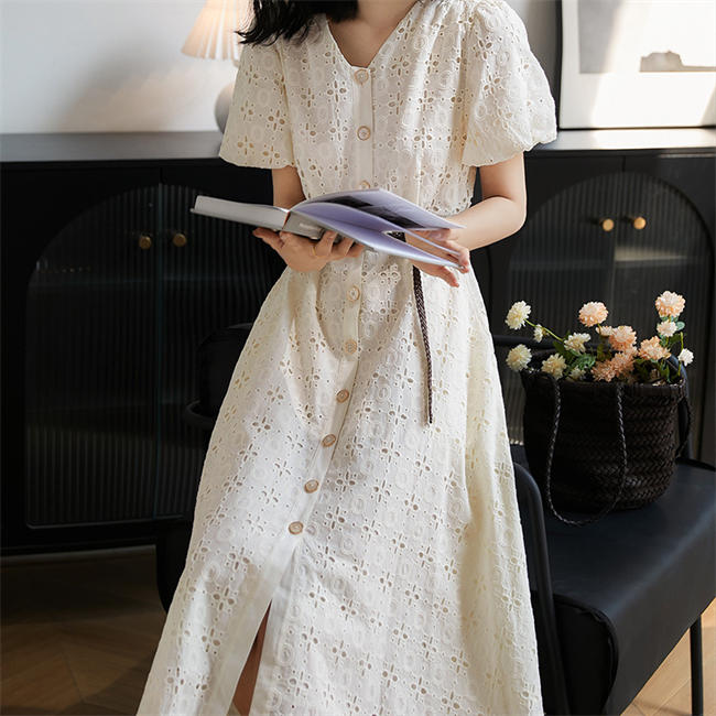 ワンピース 夏服 レディース ワンピース 長袖 無地 通勤ワンピース Aライン 結婚式ワンピース 春夏ワンピース 仕事用ワンピース 上品 入学式 卒業式 入園式 卒園式 母の日プレゼント ひざ丈 お呼ばれ パーティー 綿 花柄 Vネック ポケット付き 優雅 透かし彫り 着痩せ ls-shop-10255049 L’s Shop Online サンプル画像3