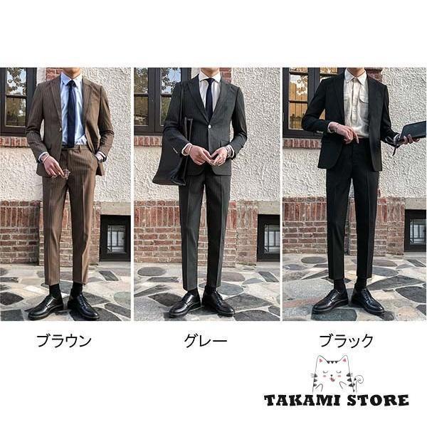 メンズ スーツ 一つボタン ストライプ ビジネススーツ スリムスーツ フォーマル 二...