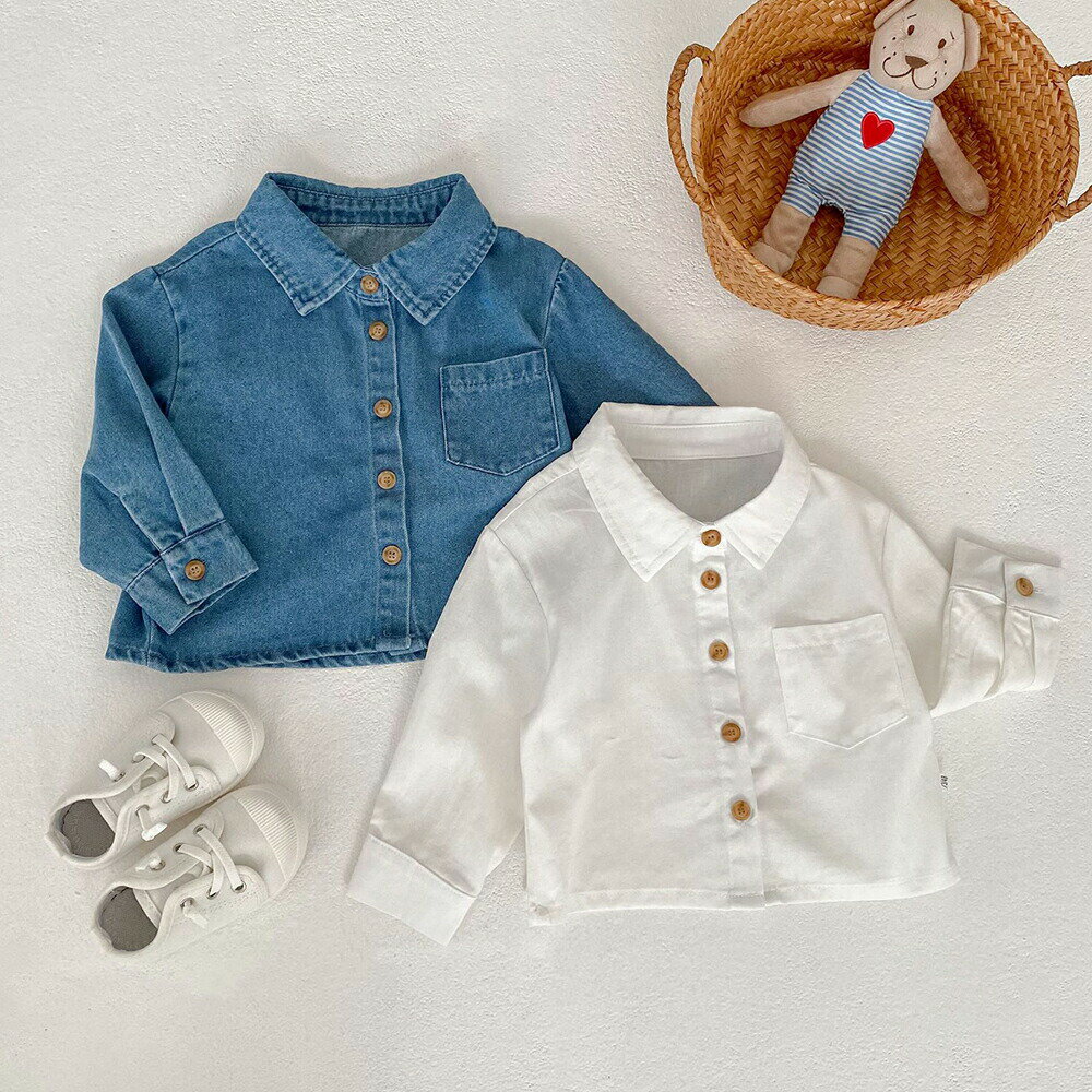 Blouses, Shirts - デニムシャツ トップス ベビートップス ブラウス シャツ 長袖 丸襟 トップス フォーマル シャツ 子供服 おしゃれ シャツ キッズ 男の子 女の子 韓国 ベビー服 無地 シンプル カジュアル 春 秋 冬 可愛い